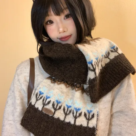 Sciarpa Invernale Calda Misto Lana Per Donna Jacquard Fair Isle Lavorata a Maglia Spessa Accogliente Accessorio