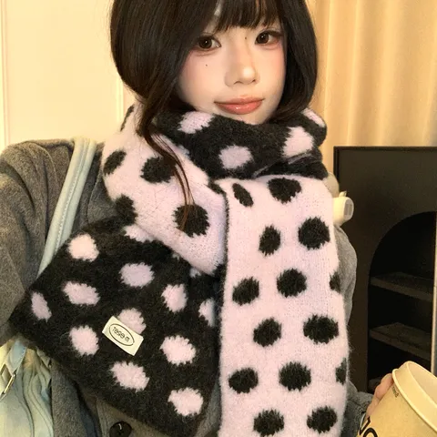 Sciarpa con Motivo a Pois in Misto Lana Calda Invernale da Donna Retro Letteraria Morbida Lavorata a Maglia Bifacciale