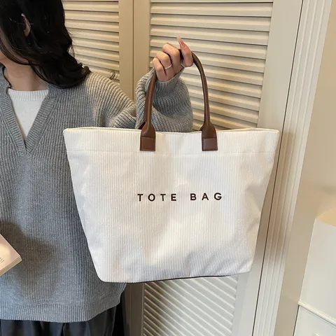 Women Corduroy Tote Bag Vintage Letter Embroidery Casual Commuter Large Capacity Shoulder Bag Top Handle Bag