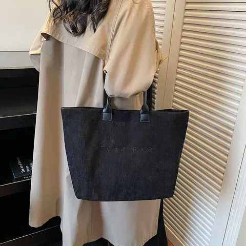 Women Corduroy Tote Bag Vintage Letter Embroidery Casual Commuter Large Capacity Shoulder Bag Top Handle Bag