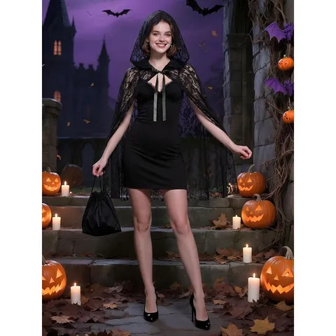 Femme Halloween Dentelle Capuche Cape Gothique Ajouré Sorcière Robe Sombre Longue Manteau Costume Jeu de Rôle