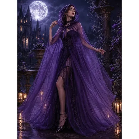 Gothic Halloween Women Tulle Cloak Vampire Hooded Long Mesh Cape Party Cosplay Costume