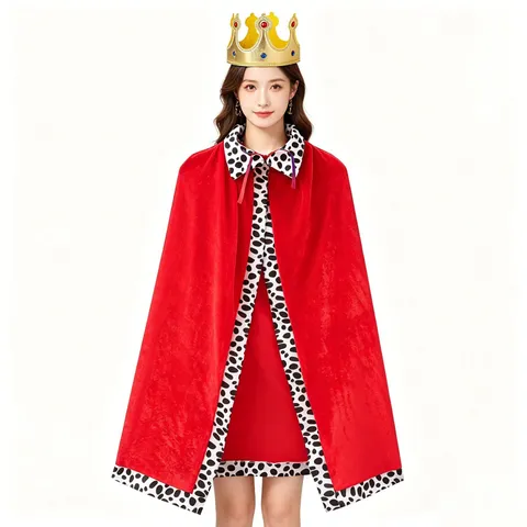 Adult Halloween Velvet Cloak King Queen Cape Prince Princess Cosplay Stage Costume With Spot Trim And Crown