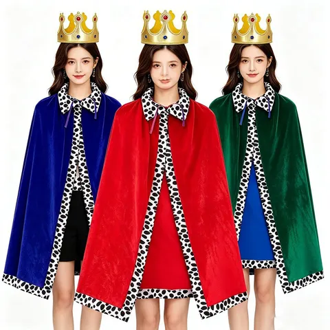 Adult Halloween Velvet Cloak King Queen Cape Prince Princess Cosplay Stage Costume With Spot Trim And Crown