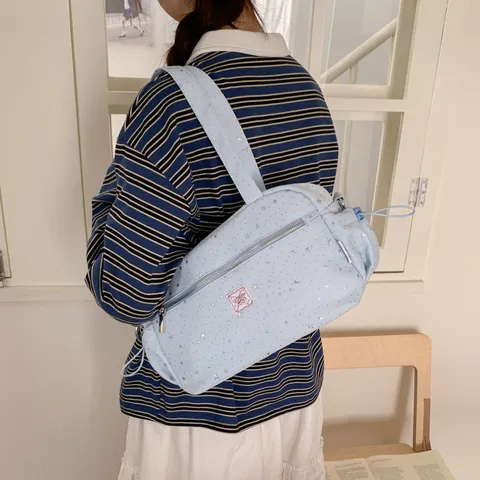 Large Capacity Women Shoulder Bag Nylon Star Print Tote Bag Casual Commuter Handbag With Adjustable Strap And Zipper Pocket