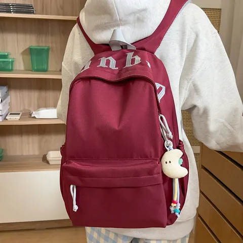 Casual Nylon School Backpack For Teenage Girls Lightweight Minimalist Bookbag With Letter Embroidery