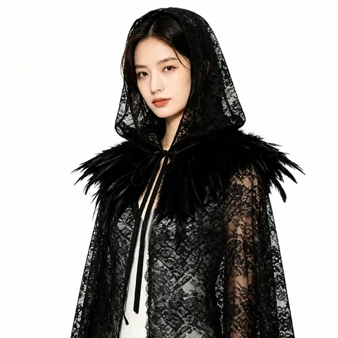 Dark Lace Hooded Cape With Feather Trim Halloween Witch Cosplay Party Cloak Women Long Shawl