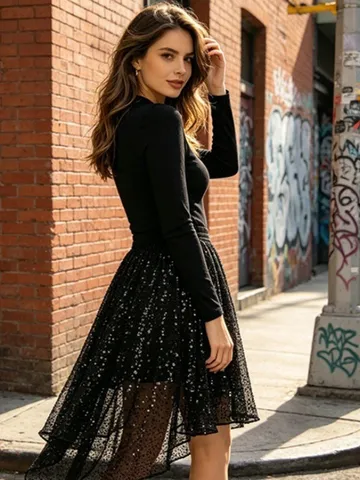 Women's Sequin High-Low Skirt Elastic Waist Irregular Tutu Skirt Polyester Shiny Mini Skirt For Stage Performance Party