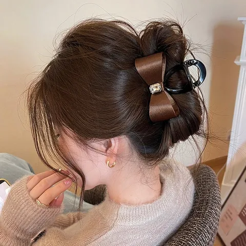 Rhinestone Bowknot Hair Claw French Vintage Satin Hair Clip Shark Clip Hair Accessories For Women Girls Hair Styling