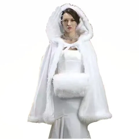 Capa de Novia de Piel de Conejo Artificial de Lujo Con Capucha Invierno Cálido Engrosada Chal de Terciopelo Con Forro Polar Robe de Fiesta de Boda Mujer