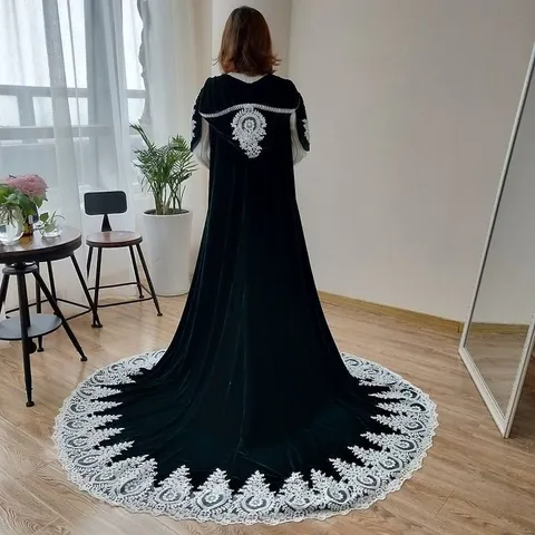 Extra Long Velvet Hooded Cloak Embroidery Lace Floral Robe Halloween Party Medieval Vintage Wedding Cape For Women Costume Accessory