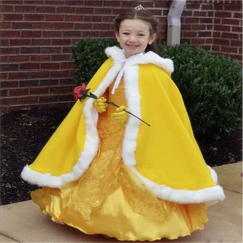 Children Winter Thickened Double Layer Hooded Cape Girls Bohemian Style Warm Twill Cotton Cloak With Faux Fur Trim Tie Up