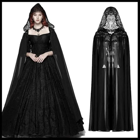 Gothic Hooded Lace Patchwork Chiffon Cape Long Cloak For Halloween Cosplay Photography Apparel Unisex