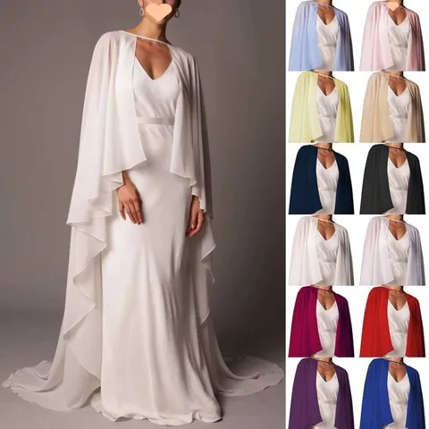 Women Solid Color Chiffon Long Cape Shawl Elegant Bridal Bridesmaid Evening Dress Capelet Wedding Party Wrap Cover Up