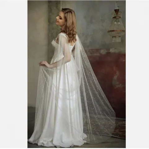 Bridal Cape Tulle Mesh Pearl Wedding Shawl Long White Ivory Wedding Dress Accessories Women Evening Cape