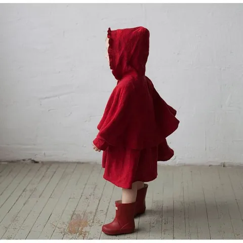Kids Christmas Little Red Riding Hood Hooded Cape Short Cloak Winter Warm Festival Party Outerwear Cotton Blend