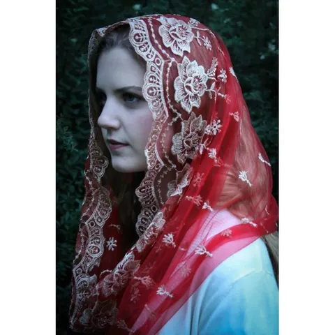 Women Mesh Embroidered Veil Head Cover Polyester Lace Headscarf Western Style Decorative Headwear Red