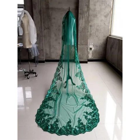 Bridal Veil Long Single Layer Tulle Sequins Lace Embroidery Applique Wedding Veil For Women