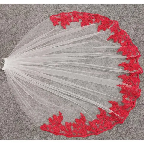 Bridal Wedding Veil Tulle Mesh Long Veil With Comb Red Embroidery Edge Women Hair Accessories Wedding Headwear