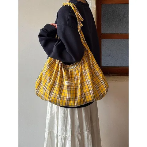 Korean Style Vintage Plaid Canvas Tote Bag Large Capacity Pleated Shoulder Bag Casual Crossbody Handbag For Women