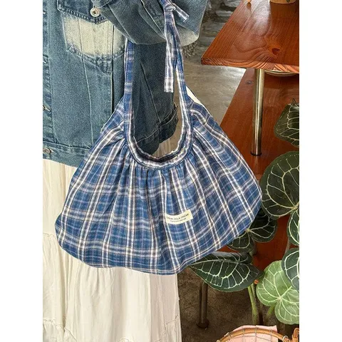 Korean Style Vintage Plaid Canvas Tote Bag Large Capacity Pleated Shoulder Bag Casual Crossbody Handbag For Women