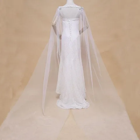 Bruids Mesh Cape Kant Rand Lange Sle SLEEP Mantel Handgenaaid Strass Kunstparel Trouwsjaal