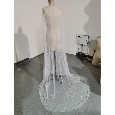 Women Elegant Long Wedding Tulle Shawl Pearl Embellished Bridal Cape Veil Mesh Wrap Capelet For Evening Party