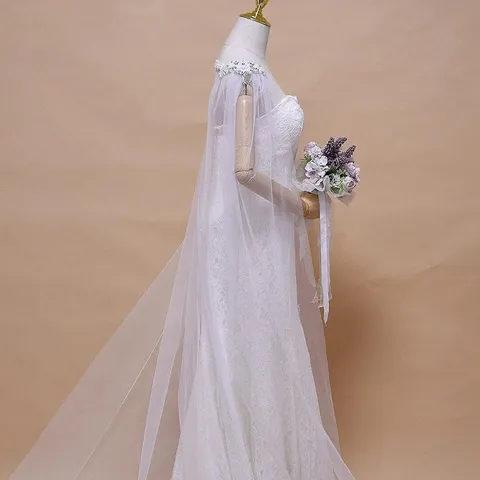 Bruids Mesh Cape Kant Rand Lange Sle SLEEP Mantel Handgenaaid Strass Kunstparel Trouwsjaal