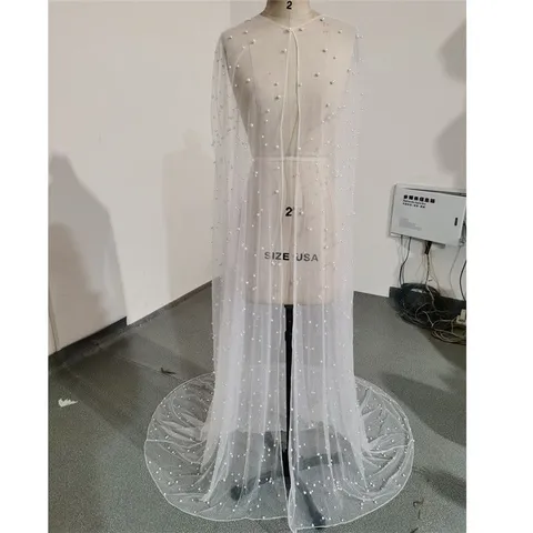 Women Elegant Long Wedding Tulle Shawl Pearl Embellished Bridal Cape Veil Mesh Wrap Capelet For Evening Party