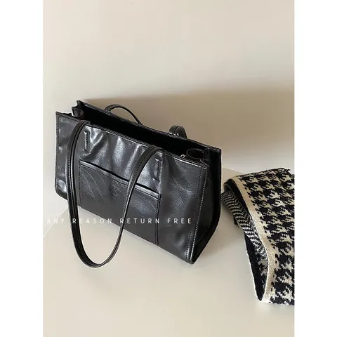 Large Capacity PU Leather Tote Bag For Women Casual Commuting Shoulder Bag Student Chic Solid Color Fashion Handbag
