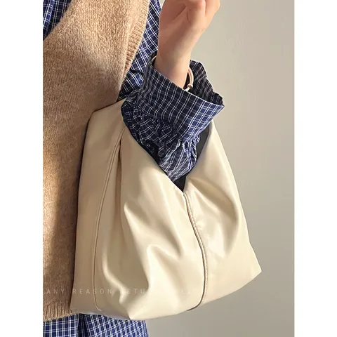 Women Fashion PU Leather Pleated Cloud Bag Casual Solid Color Tote Handbag Simple Versatile Underarm Dumpling Bag
