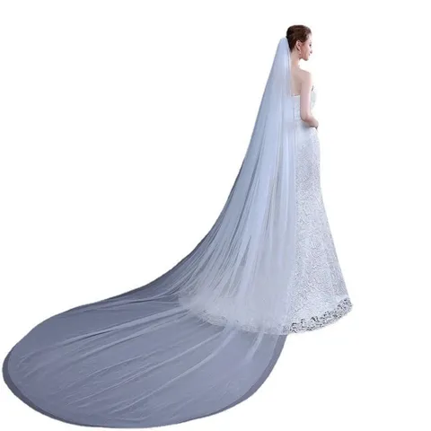 Elegante Lange Bruidssluier Met Delicate Kantborduursel Effen Kleur Huwelijksaccessoires Voor Bruidsceremonie