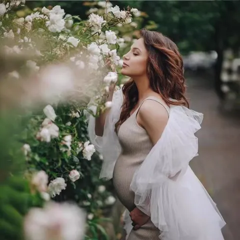 Women's Maternity Photography Wedding Mesh Ruffle Long Tail Cape Set With Knit Dress Elegant Bridal Shawl For Outdoor Travel Photo