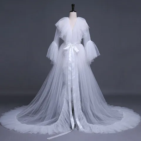 Women's Long Mesh Cape Cloak Wedding Bridal Shawl Long Sleeve Ruffle Hem Floor Length Train Elegant Outerwear