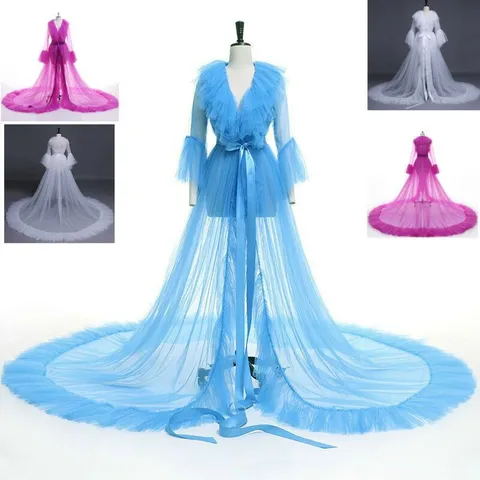 Women's Long Mesh Cape Cloak Wedding Bridal Shawl Long Sleeve Ruffle Hem Floor Length Train Elegant Outerwear