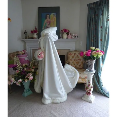 Damen Verdickt Weiß Plüsch Kapuzen Umhang Satin Braut Hochzeit Cape Winter Warm Kunstpelzbesatz Extra Lang Retro Umhang Top