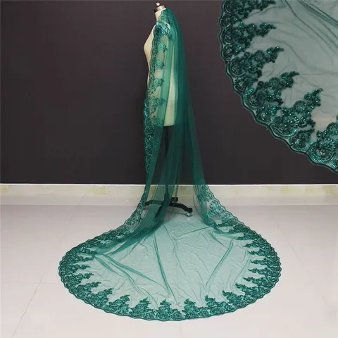 Long Bridal Veil Wedding Veil Dark Green Mesh Tulle Embroidered Sequin Lace Edge Bridal Hair Accessories For Women