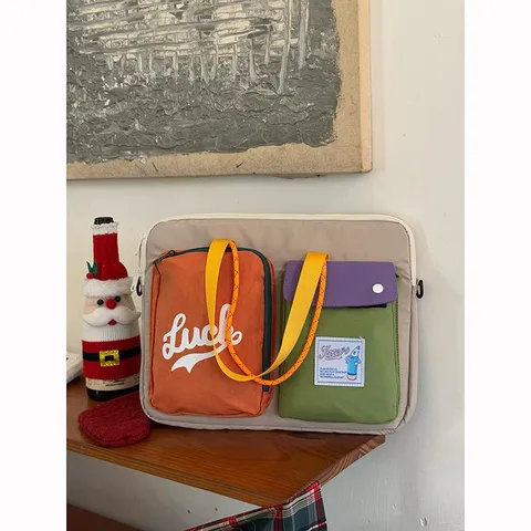 Nylon Color-Block Laptop Shoulder Bag For Women Casual Large Capacity Tote Bag Portable Daily Commuter Handbag