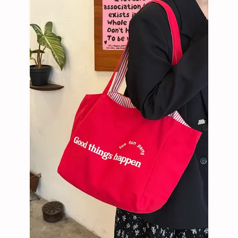 Korean Style Canvas Tote Bag For Women Large Capacity Striped Letter Print Shoulder Bag Casual Student Commute Handbag