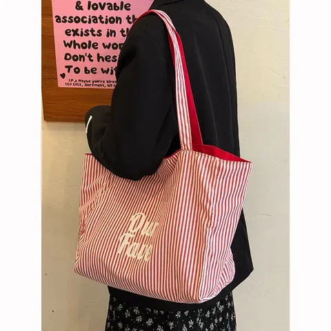 Korean Style Canvas Tote Bag For Women Large Capacity Striped Letter Print Shoulder Bag Casual Student Commute Handbag