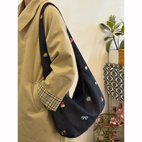 Japanese Preppy Style Embroidered Denim Tote Bag Large Capacity Casual Shoulder Crossbody Bag For Women Student