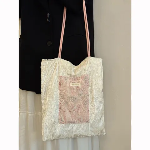 Women Large Capacity Commuting Tote Bag Pearlescent Lace Canvas Shoulder Bag Casual Student Daily Handbag