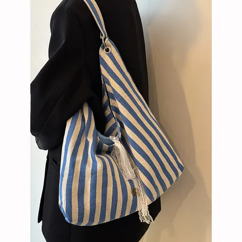 Korean Casual Double-Sided Striped Canvas Bag Large Capacity Commuter Tote Bag Women Fashionable Shoulder Handbag