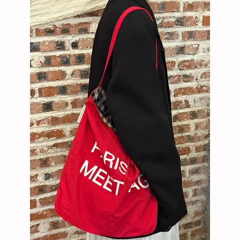 Japanese Vintage Canvas Tote Bag Large Capacity Commuting Shoulder Bag Double Sided Color Block Letter Print Handbag