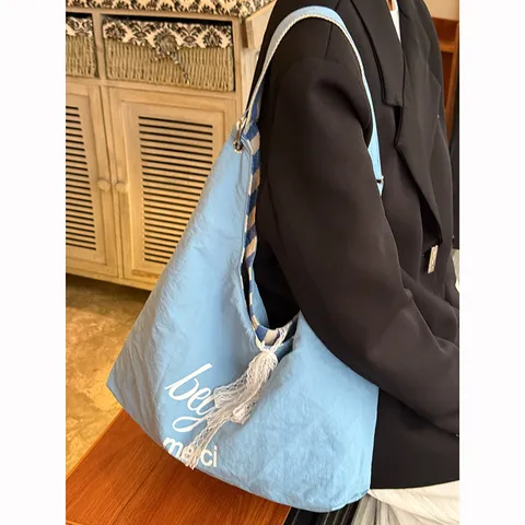 Korean Casual Double-Sided Striped Canvas Bag Large Capacity Commuter Tote Bag Women Fashionable Shoulder Handbag