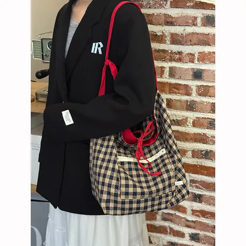 Japanese Vintage Canvas Tote Bag Large Capacity Commuting Shoulder Bag Double Sided Color Block Letter Print Handbag