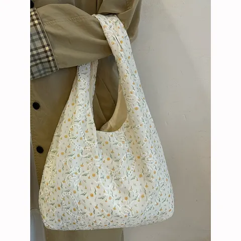 Japanese Style Fresh Floral Canvas Tote Bag For Women Large Capacity Commuting Shoulder Bag Casual Shopping Bag