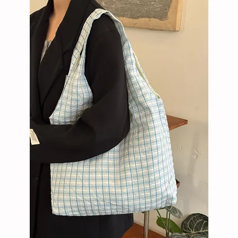 Japanese Retro Plaid Canvas Tote Bag For Women Large Capacity Casual Shoulder Bag Underarm Bag Fashion Handbag Daily