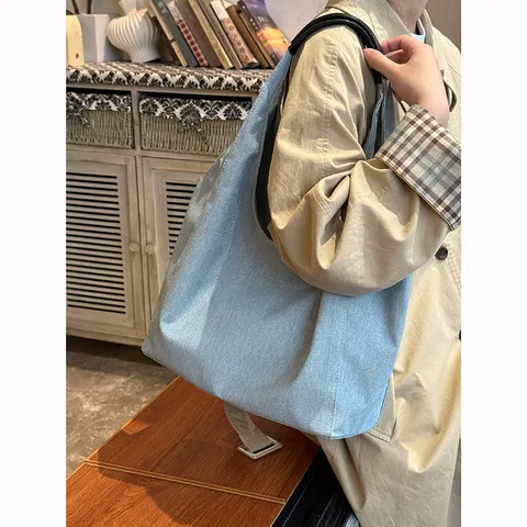 Women's Casual Denim Tote Bag Large Capacity Single Shoulder Underarm Bag Vintage Daily Commute Handbag