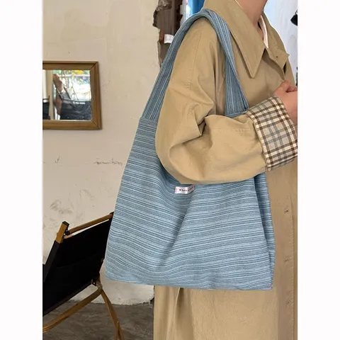 Women Casual Striped Denim Canvas Tote Bag Large Capacity Shoulder Bag Student Commuter Daily Handbag